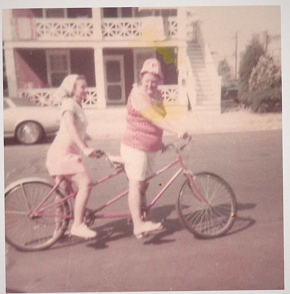 1960s Two Women Riding Pink Tandem Bicycle Street View House Vintage Photo