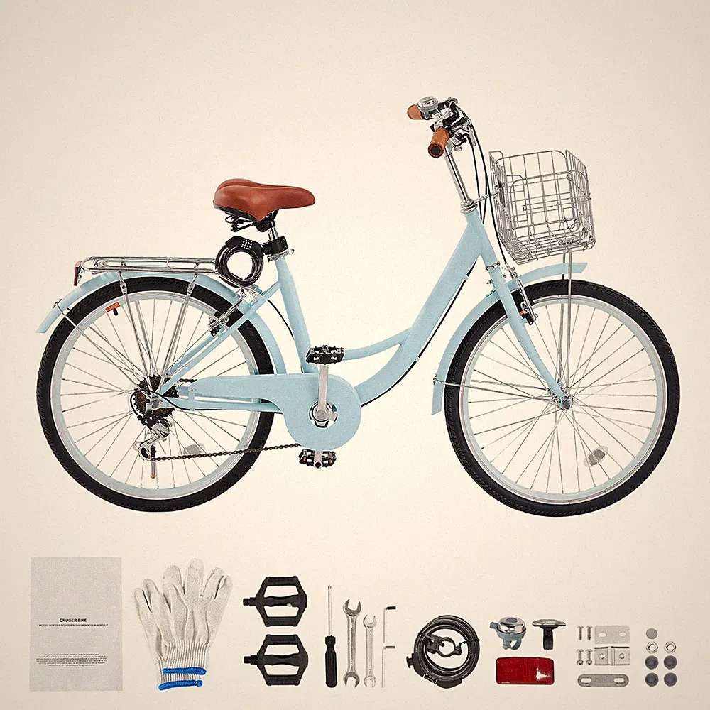 24''Beach Cruiser Bike 7-Speed City Bicycle w/Basket for Women Ladies Light Blue