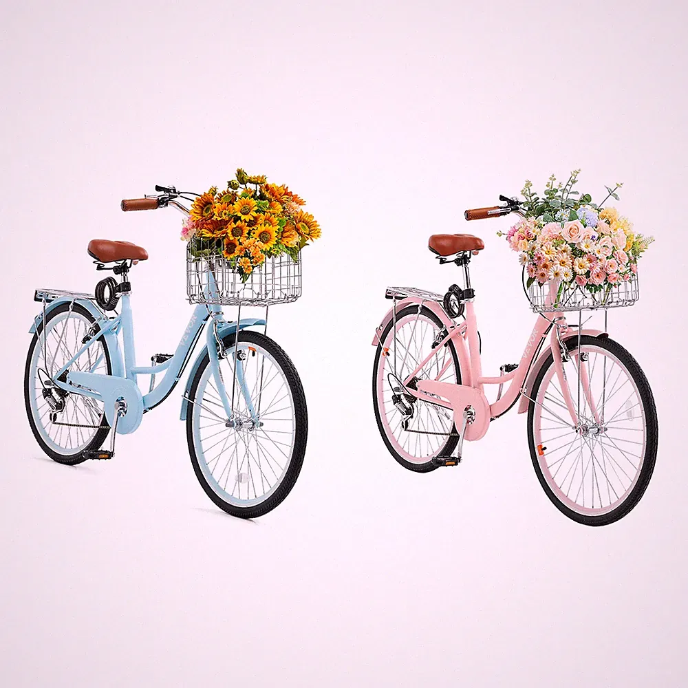 26/24in Beach Cruiser Bike 7/1-Speed City Bicycle with Basket for Women Ladies