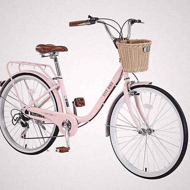 26 Inch Beach Cruiser Bike for Women, City Bike with 7 Speed with Basket Pink