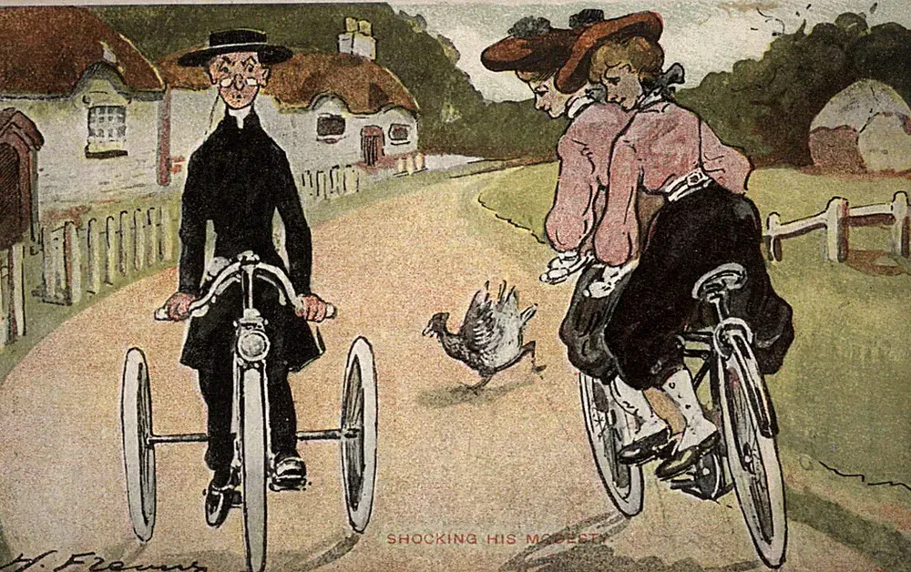 A/s H FLEURY Vicar Riding Bicycle Women on Tandem Bike Bicycle Antique PC