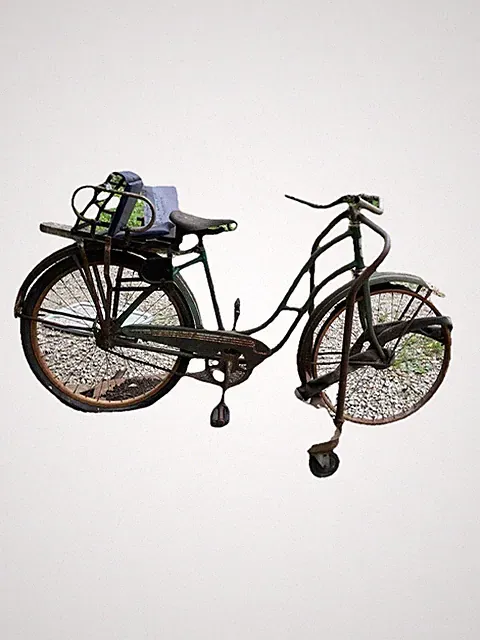 hawthorn women bike with childs seat, rustic repair or garden art