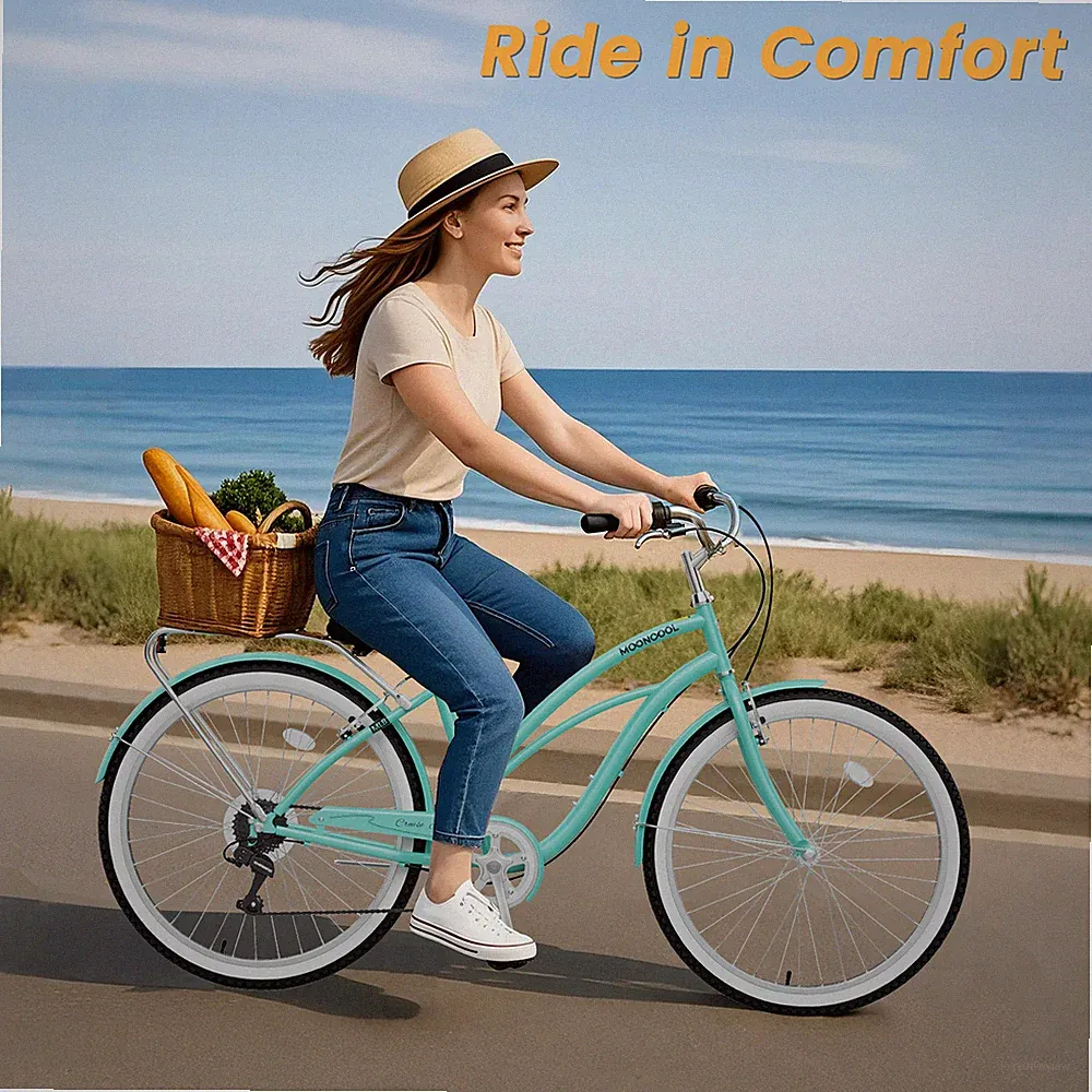 MOONCOOL Women Cruiser Bike Beach Bicycle 7 Speed 24 26 inch City Commuting Cyan