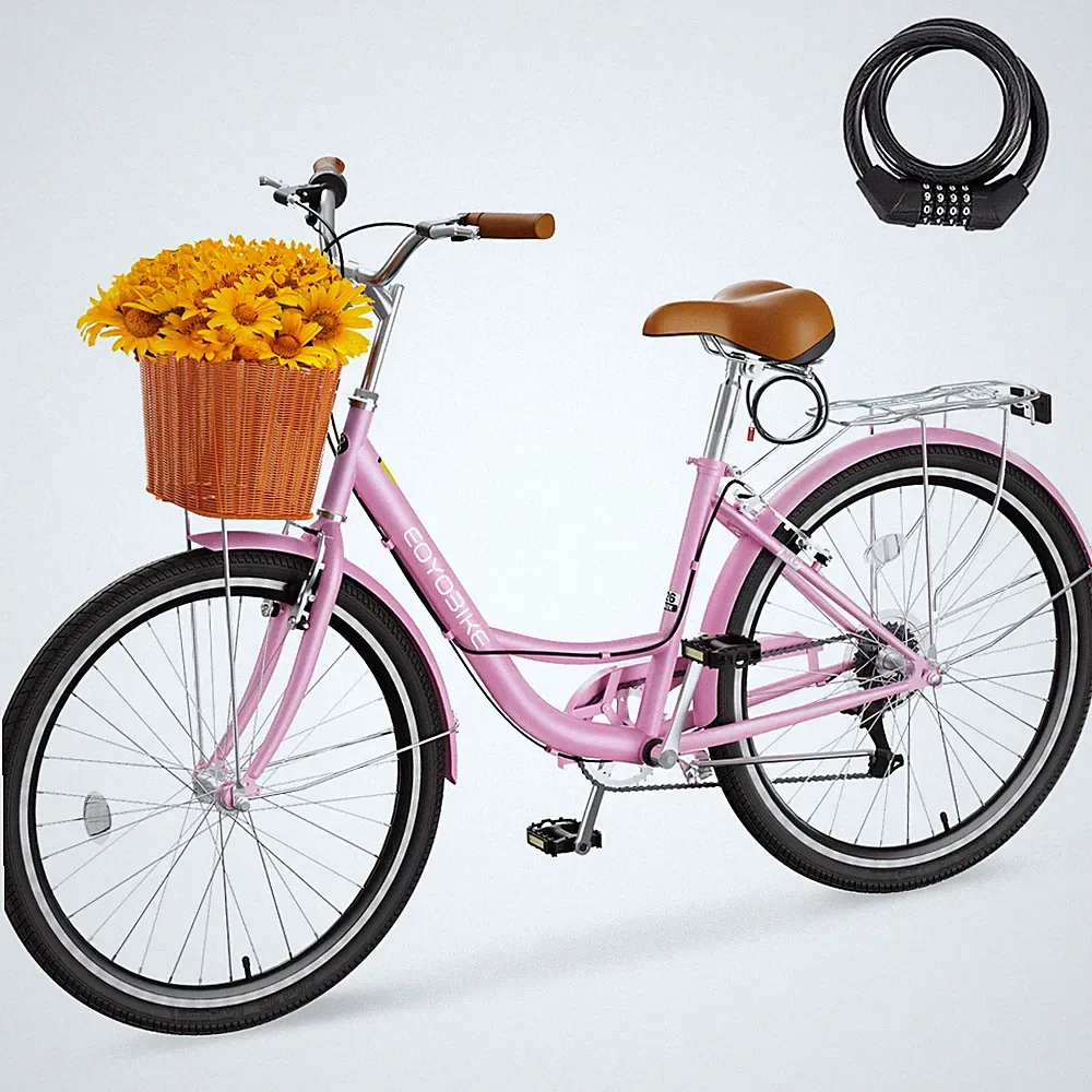 MOPHOTO Beach Cruiser Bike 24 inch Pink Commuter Bicycle for Women 7-Speed &Lock