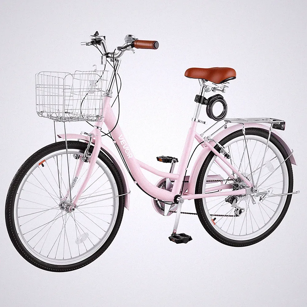 VEVOR Women Bike 24 in Beach Cruiser Bike 7-Speed Adult City Bicycle Pink
