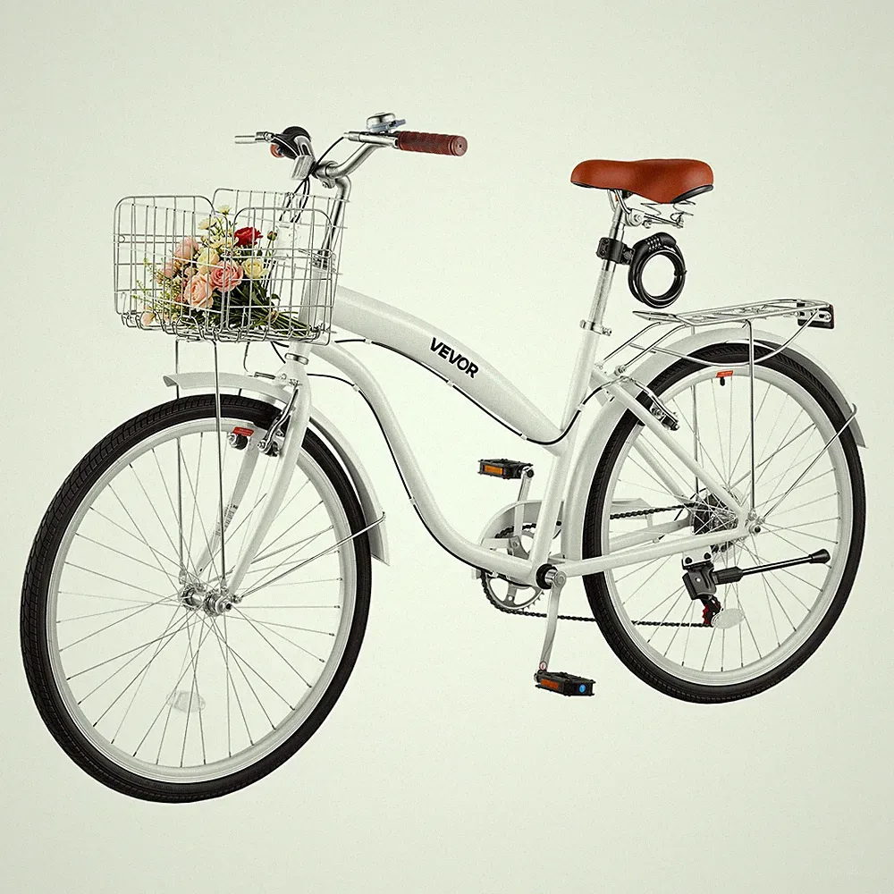 VEVOR Women Bike 26 in Beach Cruiser Bike 7-Speed Adult City Bicycle White