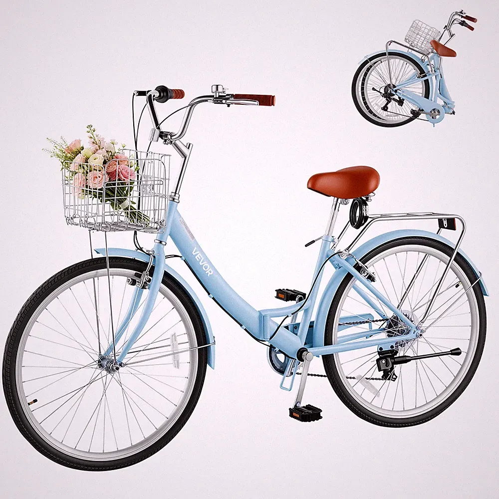 VEVOR Women Bike 26 in Folding Beach Cruiser Bike 7-Speed Adult City Bicycle