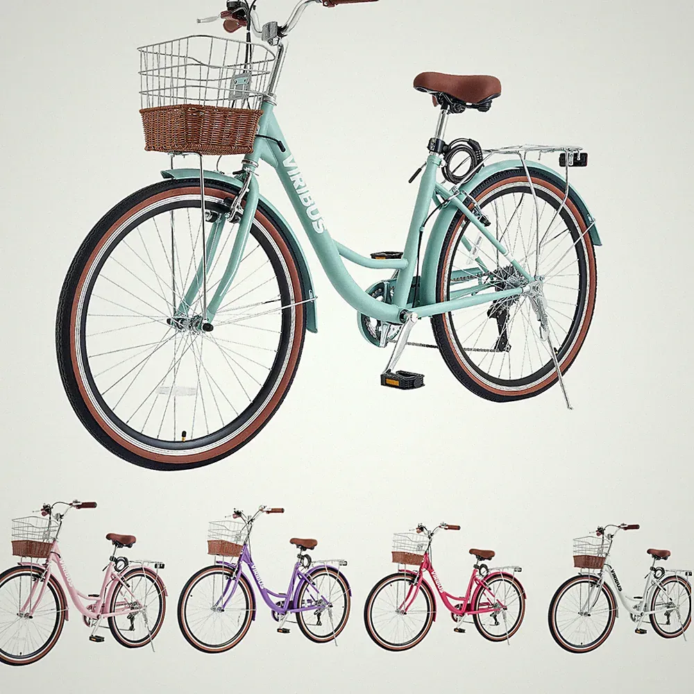 VIRIBUS 24'' 7-Speed Beach Cruiser Bike for Women City Bicycle w/ Basket